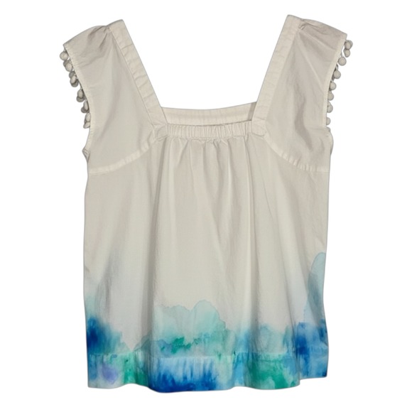 J.Crew Bluebonnet Watercolor Floral Pom Pom Trim Square Neck Top White Blue - Picture 3 of 8